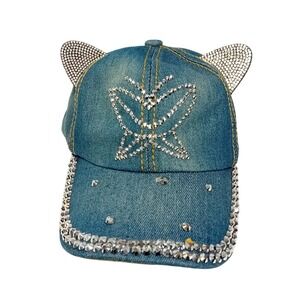 Y2K Denim Baseball Cap Dad Hat Rhinestone Butterfly Cat Ears Mcbling‎ Adjustable